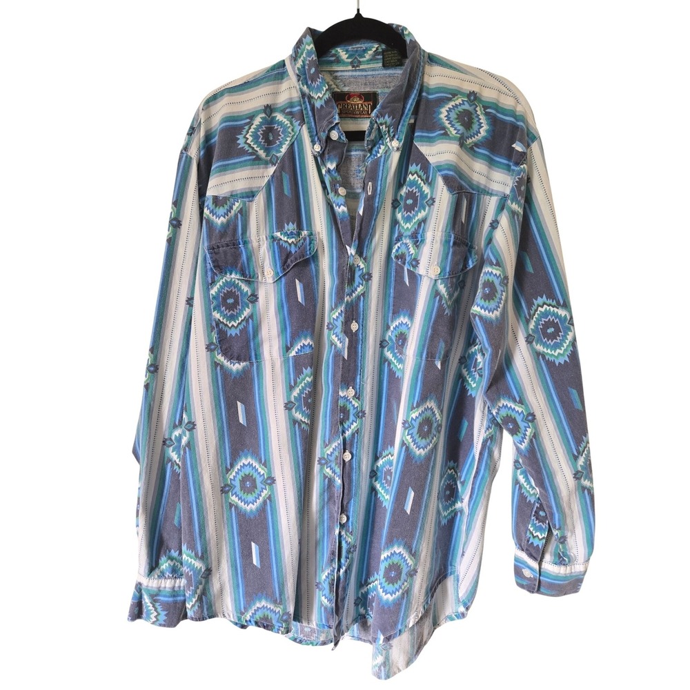 Greatland Sportswear VIntage Mens Large‎ Blue Southwestern Aztec Western Shirt